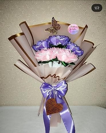 kağız skoç: Kompozisiya: Dekorativ gül buketləri - Satən lentdən hazırlanmış əl — 6