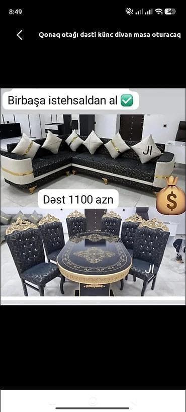 balaca masa: Qonaq otağı dəsti – künc divan + masa və 6 ədəd oturacaq - Birbaşa — 1