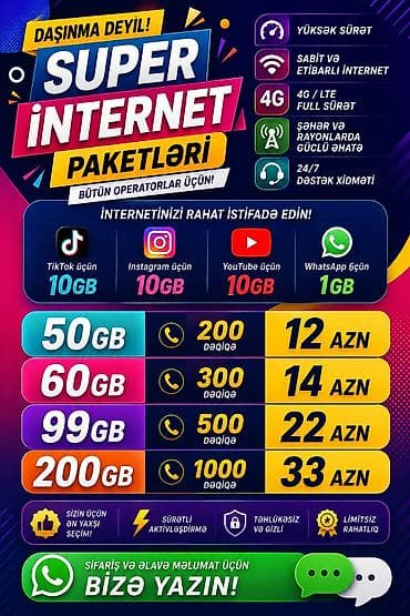 SUPER İNTERNET PAKETLƏRİ – Bütün operatorlar üçün Xüsusiyyətlər: - lalafo.az -da SUPER İNTERNET PAKETLƏRİ – Bütün operatorlar üçün Xüsusiyyətlər: -