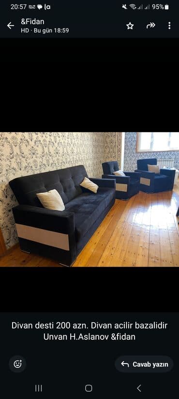 divan dəsdi: Di̇van-kravat, 2 kreslo, Bazalı, Açılan — 1