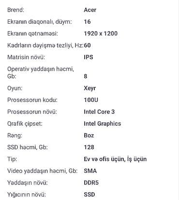 oyun notebooku: Acer 16" noutbuk – ofis və gündəlik işlər üçün. notebook yenidir — 2