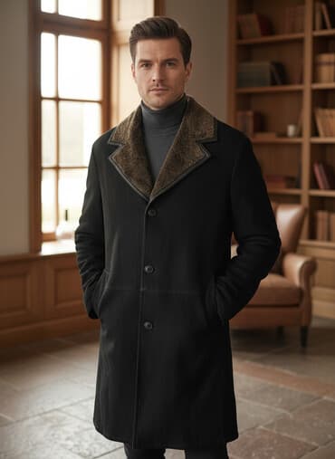 klassik kişi cemperləri: Kişi üçün uzun dəridən-kürklü palto - Rəng: tünd qara (xarici hissə) — 1
