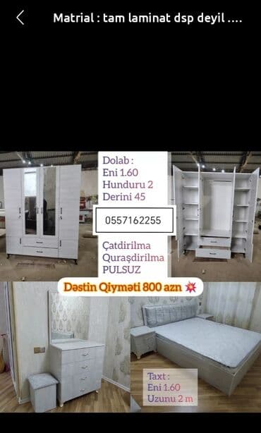 oboylar yataq otagi ucun: 2 təknəfərlik çarpayı, Dolab, Komod, Termo, Yeni — 2