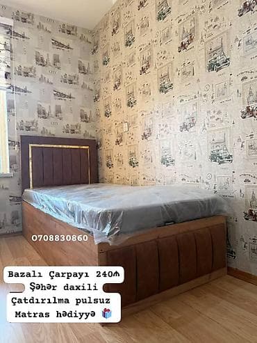 Bazalı çarpayı. Taxta korpuslu və yumşaq üzlüklü dizayna malikdir