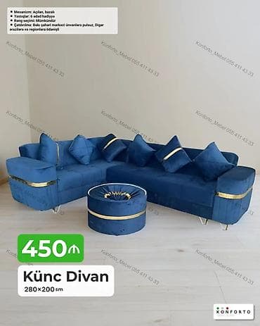 Künc Divan – 280×200 sm - Rəng: Lacivərt (rəng seçimi mümkündür) - — 1