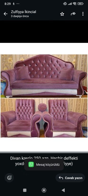 İşlənmiş, Divan, 2 kreslo