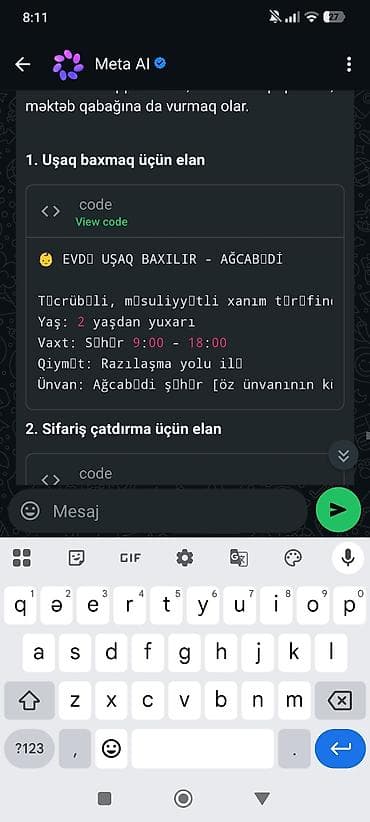Uşaq baxımı xidməti – Ağcabədi - Evdə peşəkar uşaq baxımı -