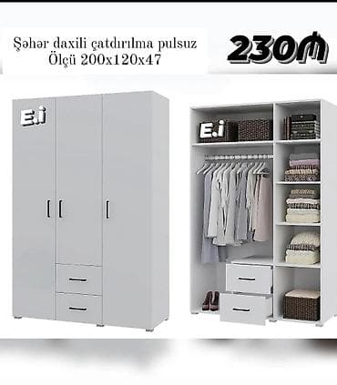 Yeni, 3 qapılı, Siyirməli, Ağ, Taxta, Açılan, Düz dolab