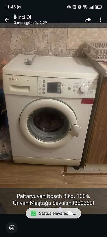 paltaryuyan temiri: Bosch paltaryuyan maşın – 8 kq yükləmə. - Ön tərəfdən yüklənən model - — 1