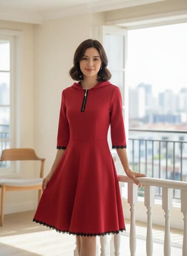 Qırmızı rəngdə qadın paltarı - Model: A-kəsim ətəkli, beldən oturan