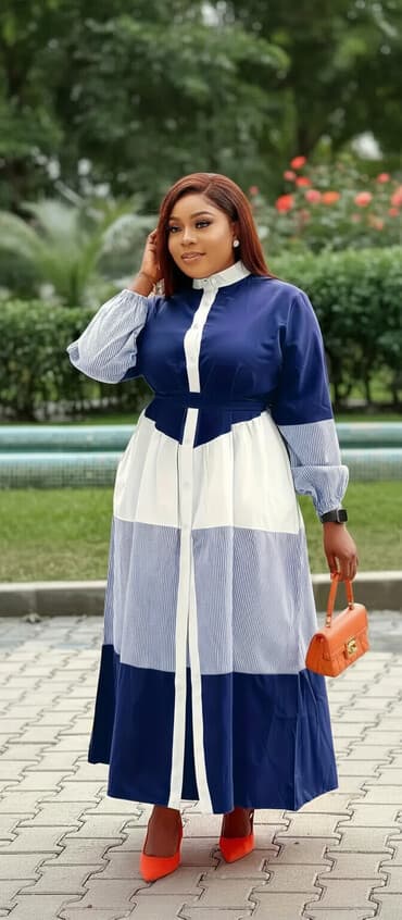 Zolaqlı-rəng bloklu uzun qadın donu - Model: uzun, düyməli