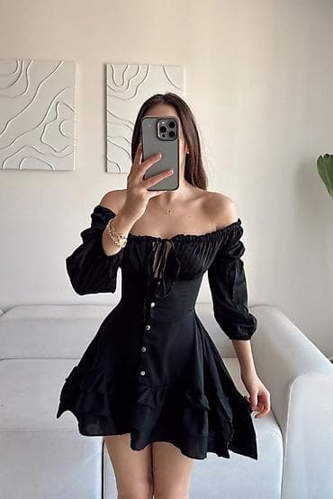 Qadınlar üçün qara mini don - Model: off-shoulder (çiyinlər açıq)