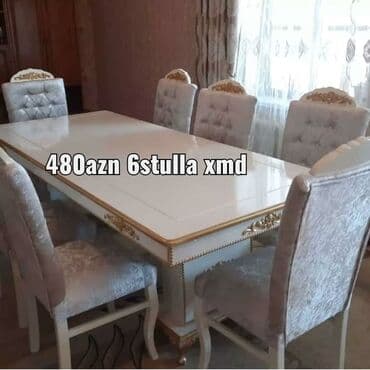 Masa və oturacaq dəstləri: Qonaq otağı üçün, Yeni, Açılmayan, Dördbucaq masa, 6 stul — 3