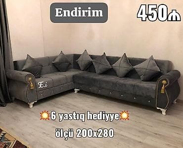 l divan: L‑şəkilli yumşaq künc divan - Rəng: tünd boz - Parça: məxməri — 1