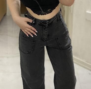 Джинсы: Butikdən alınıb. Yüksək belli, önü cib detaylı boz rəngdə geniş — 1