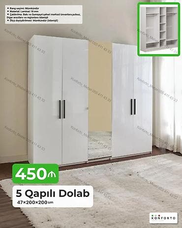 5 qapılı paltar dolabı – 47×200×200 sm - Parlaq ağ ön panellər — 1
