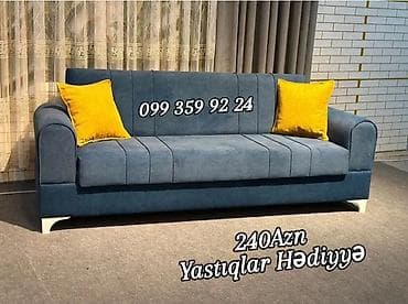 divan satisi: Mavi rəngli, müasir üslubda 3 nəfərlik divan. Yumuşaq toxumalı parça — 1