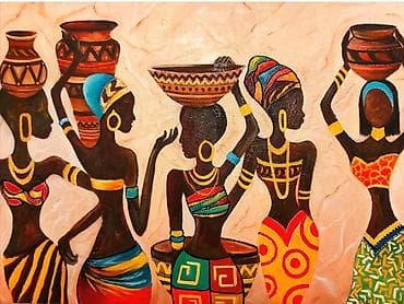 Əl işi rəsm əsəri – Afrika motivləri yagli boya - Mövzu: Su qabları