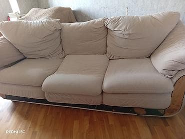 tek kreslo: Bej rəngli yumşaq mebel dəsti - Tərkib: 3 nəfərlik divan + geniş 2 — 1