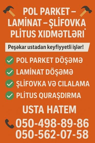 Pol parket, laminat döşəmə, şlifovka və cilalama, həmçinin plitus lalafo.az -da Pol parket, laminat döşəmə, şlifovka və cilalama, həmçinin plitus