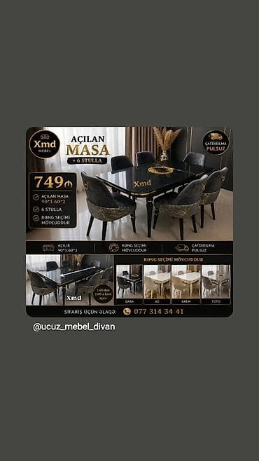 divan sekilleri: MDF boyalı yemək masası dəsti – 6 stul ilə - Masa ölçüsü: 1×2 m - — 6