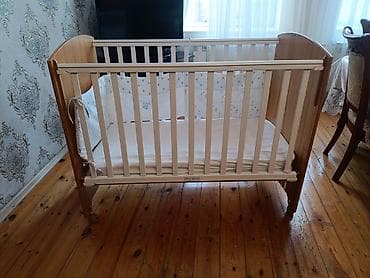 boru: Uşaq beşiyi – taxta karkaslı, təkərli model - Material: ağ və ağac — 4