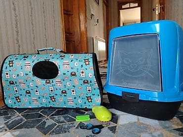 Heyvanlar üçün mallar: Ev pişiyi üçün aksesuar dəsti - Qapalı pişik tualeti: Mavi korpus — 1