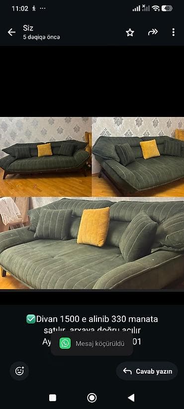 divan satisi: ✅Divan 1500 e alinib 330 manata satılır .arxaya doğru açılır Ayna — 1