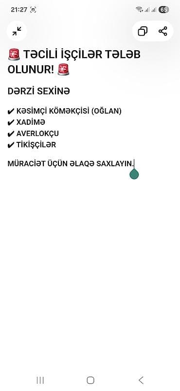 Tikiş: Dərzi sexinə işçi axtarışı Aşağıdakı vakansiyalar üzrə işçilər tələb — 1