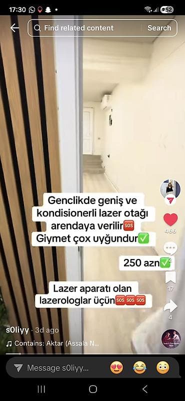 Gənclikdə yerləşən geniş və kondisionerli lazer otağı icarəyə verilir