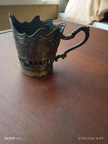 kompot qabi: Metall stəkanaltı (qədəh/çay stəkanı üçün) – əl işinə bənzər dekorativ — 3