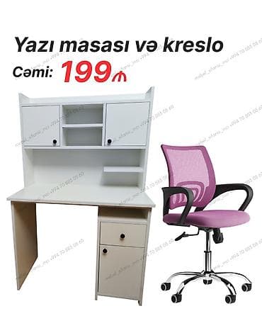 Yazı masası və kreslo dəsti. Dəstə ağ rəngli çoxfunksiyalı yazı