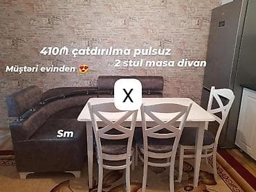 Divan və masa dəstləri: Mətbəx dəsti – L‑formal künc divanı, 2 ədəd stul və açıq rəngli — 1