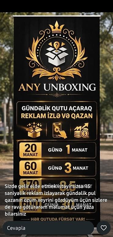 ANY UNBOXING – reklam izləyərək qazanmaq imkanı təqdim edən onlayn at lalafo.az ANY UNBOXING – reklam izləyərək qazanmaq imkanı təqdim edən onlayn