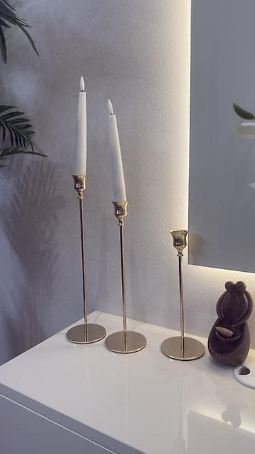 ag sekil: Qızılı rəngdə şamaltı dəsti - Dəst: 3 ədəd şamaltı (2 ədəd hündür, 1 — 1