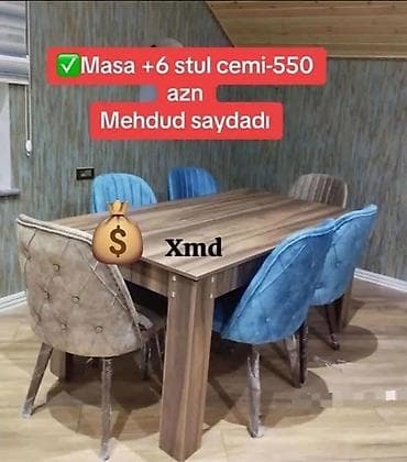 yemek stol: Qonaq otağı üçün, Yeni, Açılmayan, Dördbucaq masa, 6 stul — 1