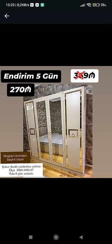 tek dolab: Güzgülü 4 qapılı şkaf - Endirim: 5 gün - Qiymət: 270₼ (əvvəlki 390₼ — 1