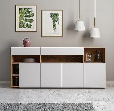 Minimalist dizaynda bufet/komod - Rəng: mat ağ fasadlar, açıq ağac