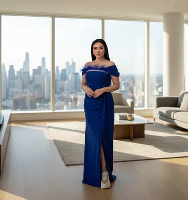 şalvar modelleri: Mavi rəngli uzun ziyafət geyimi - Model: off-shoulder (çiyinlər — 1