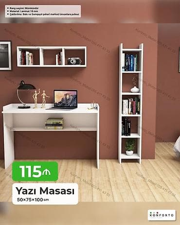 kitab refi: Düz masa, Stulsuz, Polkalı, Siyirməsiz, Sadə laminat — 1