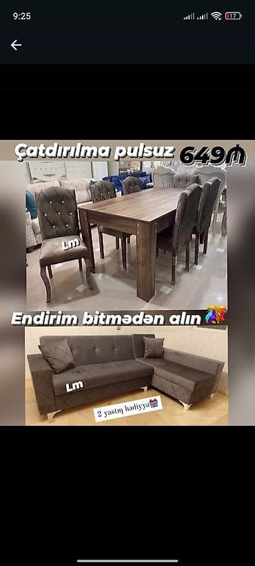 Divan və masa dəstləri: Yemək otağı dəsti və künc divan paketi - Qiymət: 649 ₼ (şəkildə — 1