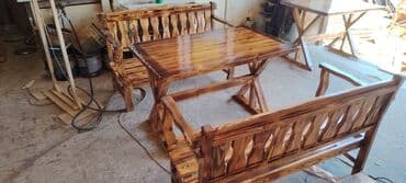 metbex masa ve oturacaqlar: Rustik taxta yemək dəsti Tərkibi: - 1 ədəd düzbucaqlı masa - 2 ədəd — 7