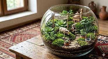 Горшки для растений: Şüşə akvarium formalı terrarium kompozisiyaları - Şəffaf şüşə qabda — 2