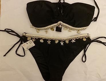 strap: Qaralar rəngli bəzəkli iki hissəli bikini dəsti - Üst: Straplı — 3