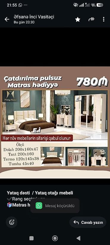 *Yataq dəsti / Yataq otağı mebeli* ✔️Rəng seçimi var *🎁Matras — 1