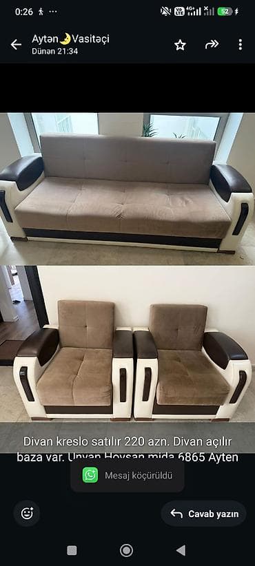Divan kreslo satılır 220 azn. Divan açılır baza var. Unvan Hovsan mida — 1