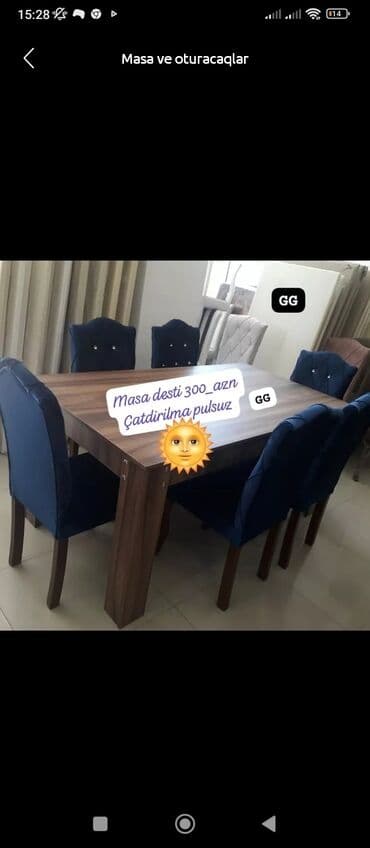 Qonaq otağı üçün, Yeni, Dördbucaq masa, 6 stul