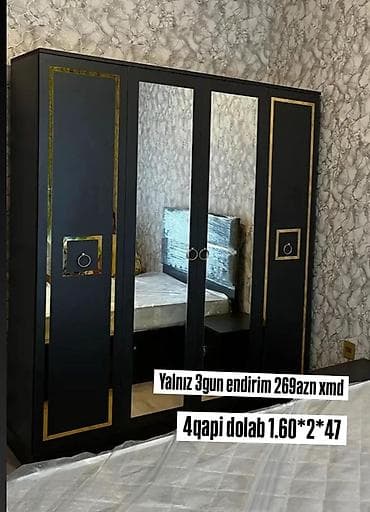 kitab ref: 4 qapılı geyim dolabı Ölçülər: 1.60 × 2 × 47 Rəng: mat qara, qızılı — 1