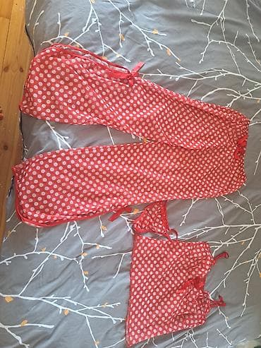 Qırmızı-ağ xallı qadın pijama dəsti - 3 parça: nazik askılı top — 3