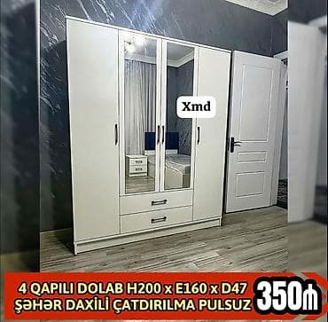 4 qapılı paltar dolabı – ağ rəngdə, müasir dizayn. Ölçülər: H200 x